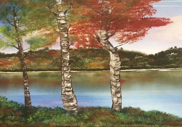Painting of McGrath Pond in autumn.