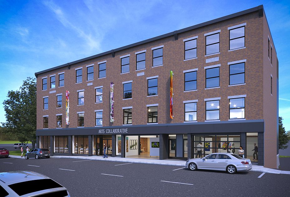 Exterior of Arts Collaborative. Architect: Ryan Senatore, AIA, Ryan Senatore Architecture; Rendering by James Reben, Architectural Image Solutions.