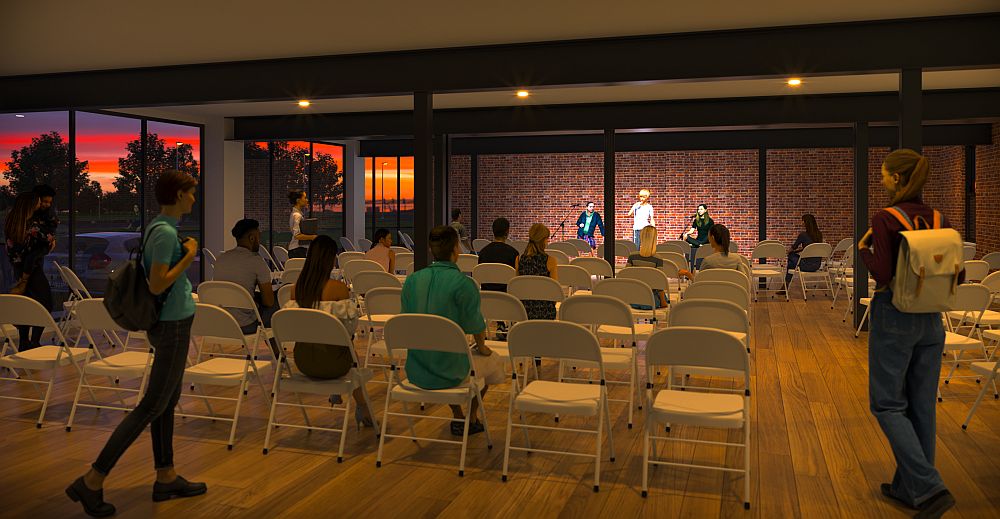 An interior view of the south end of the building, showing a performance in progress. Architect: Ryan Senatore, AIA, Ryan Senatore Architecture; Rendering by James Reben, Architectural Image Solutions.