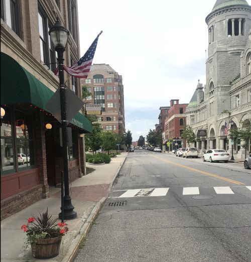 Water Street in downtown Augusta, looking north, with the Olde Federal Building on the right