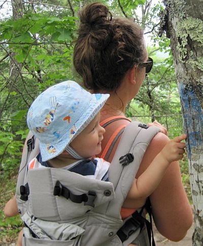 Daughter Joan carrying grandson Bayard, as he points to aof blue blazes on a trailside tree.