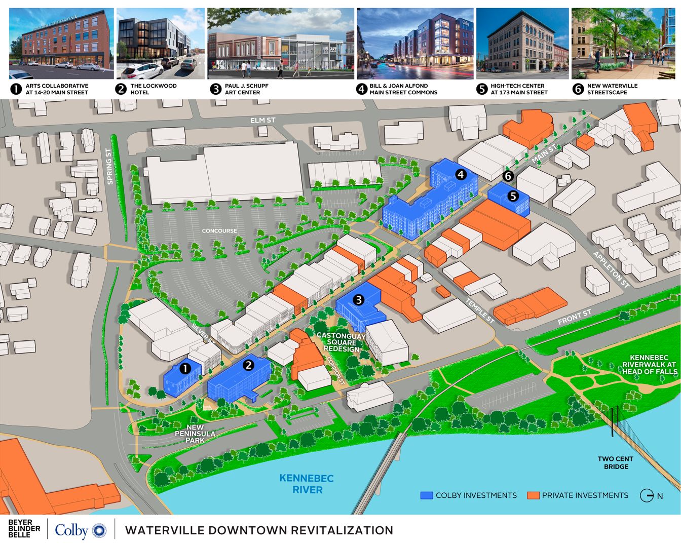 This map of downtown Waterville shows buildings built or renovated in the past few years. Those done by Colby College are in blue and those by others in orange.
