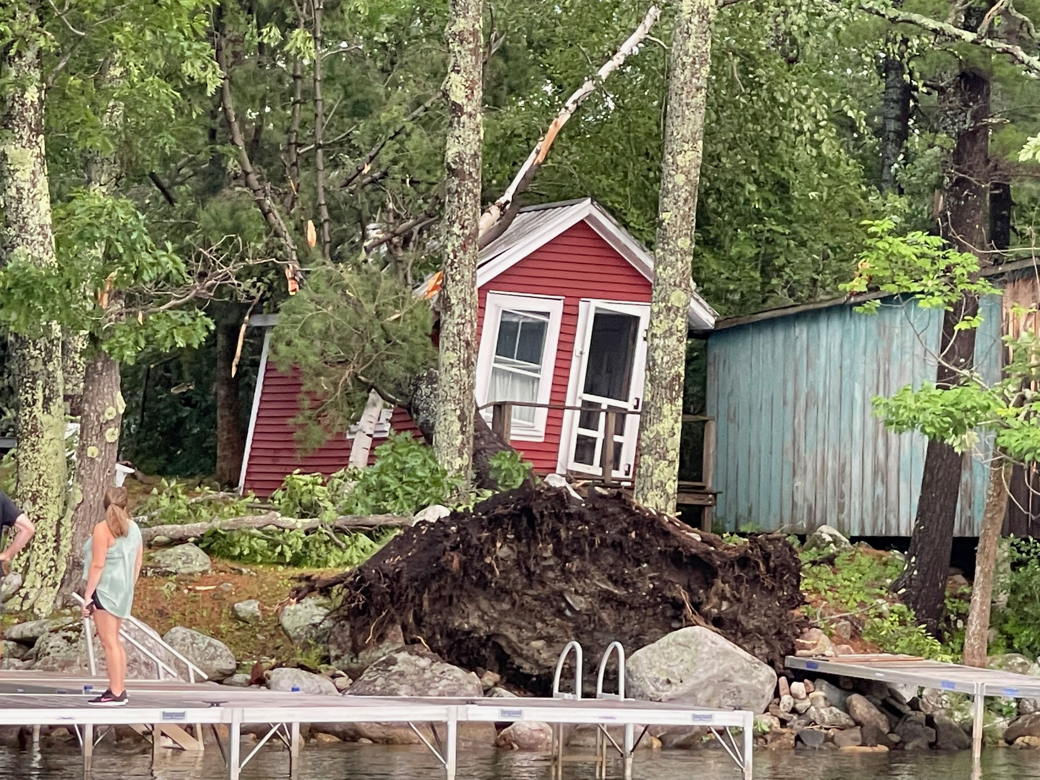 A lakeside cabin knocked askew by a toppled pine. Photo by Dick Greenan.