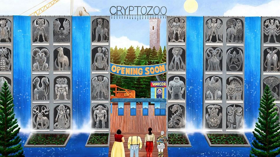 Four characters, center front, stand at the entrance to the Cryptozoo.