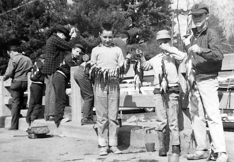 Several boys, each holding several freshly caught fish.