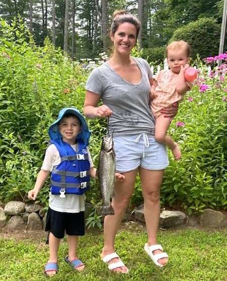 Matteo, Kaitlin and Olivia Balestriere with nice brown trout from Great Pond.